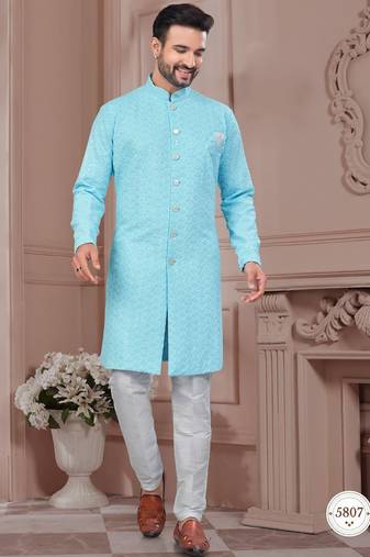 Full ckicken kari computer embroidery indowestern sherwani set with fancy botton