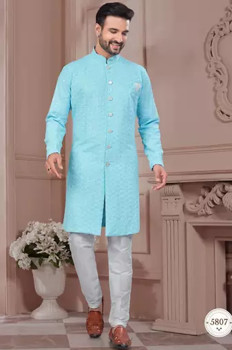 Full ckicken kari computer embroidery indowestern sherwani set with fancy botton