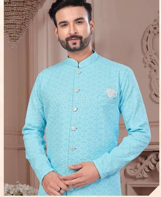 Full ckicken kari computer embroidery indowestern sherwani set with fancy botton 2