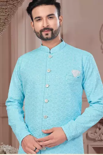 Full ckicken kari computer embroidery indowestern sherwani set with fancy botton