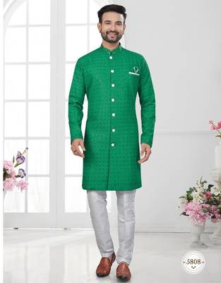 Full ckicken kari computer embroidery indowestern sherwani set with fancy botton 1