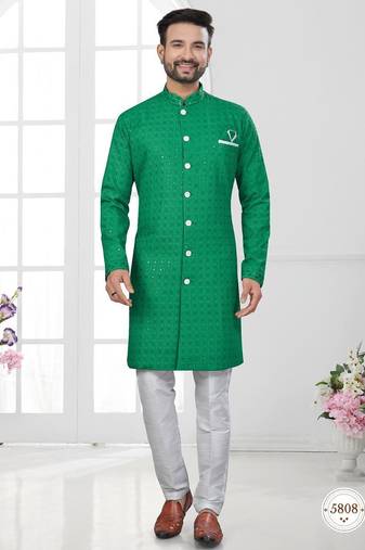 Full ckicken kari computer embroidery indowestern sherwani set with fancy botton