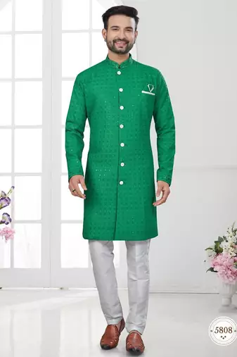 Full ckicken kari computer embroidery indowestern sherwani set with fancy botton