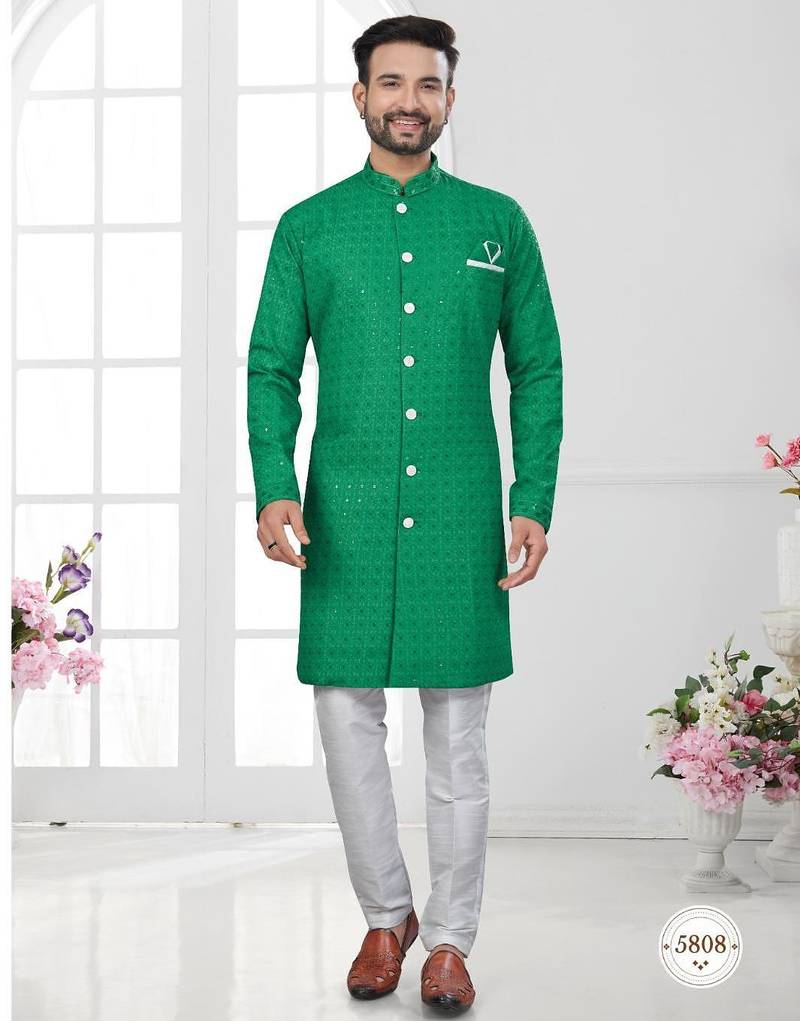 Full ckicken kari computer embroidery indowestern sherwani set with fancy botton