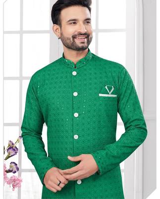 Full ckicken kari computer embroidery indowestern sherwani set with fancy botton 2