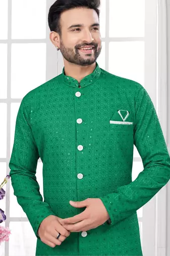 Full ckicken kari computer embroidery indowestern sherwani set with fancy botton