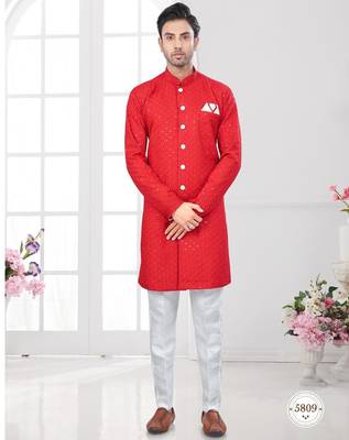 Full ckicken kari computer embroidery indowestern sherwani set with fancy botton 1