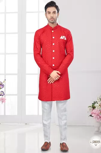 Full ckicken kari computer embroidery indowestern sherwani set with fancy botton