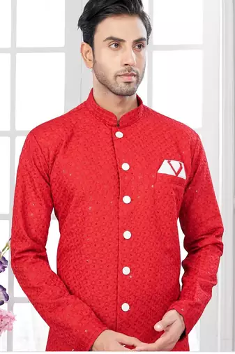 Full ckicken kari computer embroidery indowestern sherwani set with fancy botton