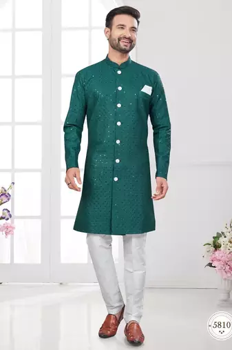 Full ckicken kari computer embroidery indowestern sherwani set with fancy botton
