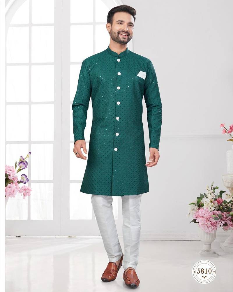 Full ckicken kari computer embroidery indowestern sherwani set with fancy botton