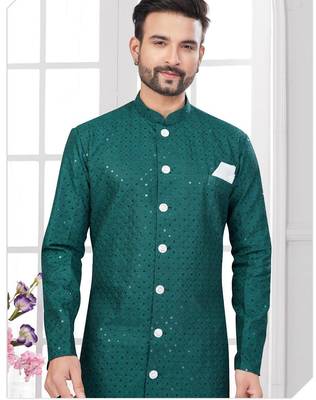Full ckicken kari computer embroidery indowestern sherwani set with fancy botton 2