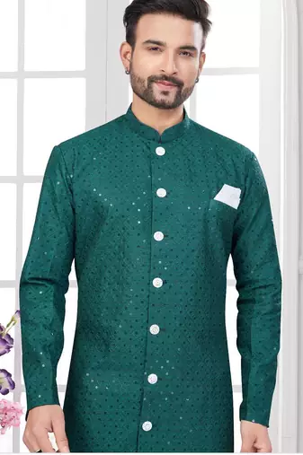 Full ckicken kari computer embroidery indowestern sherwani set with fancy botton