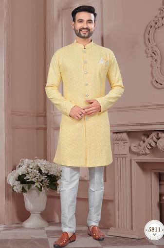 Full ckicken kari computer embroidery indowestern sherwani set with fancy botton