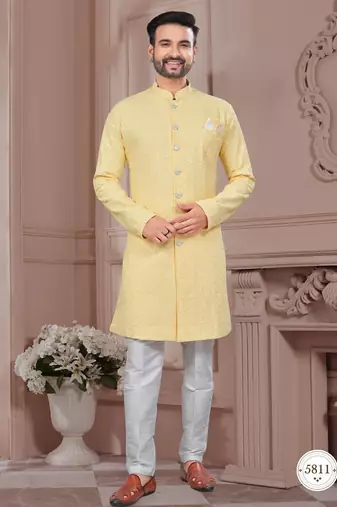 Full ckicken kari computer embroidery indowestern sherwani set with fancy botton