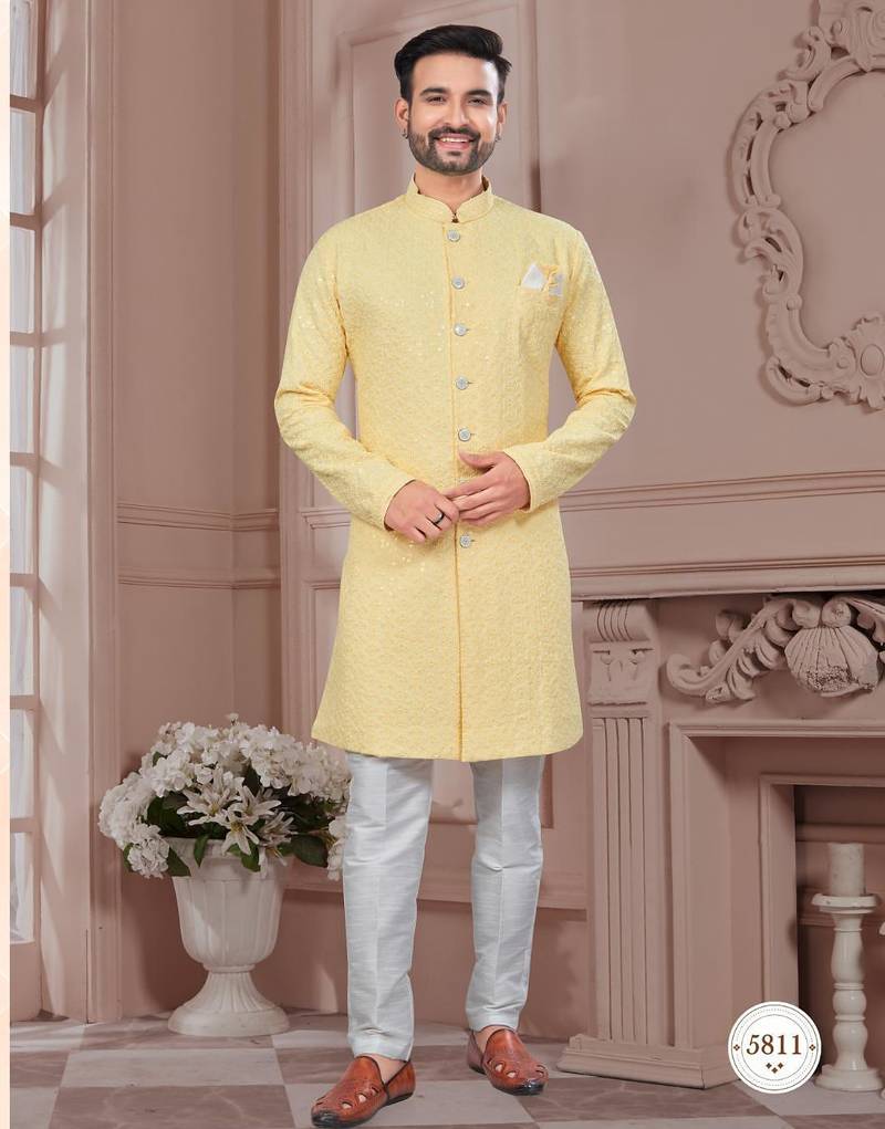 Full ckicken kari computer embroidery indowestern sherwani set with fancy botton