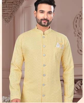 Full ckicken kari computer embroidery indowestern sherwani set with fancy botton 2