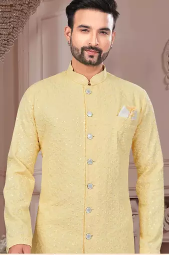 Full ckicken kari computer embroidery indowestern sherwani set with fancy botton
