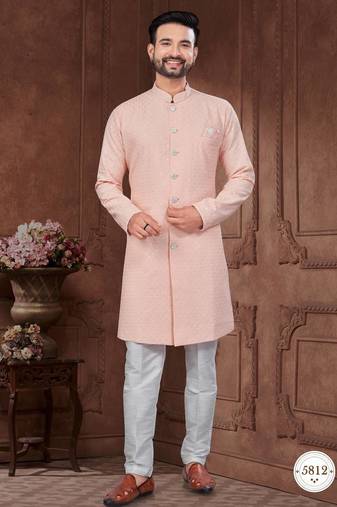 Full ckicken kari computer embroidery indowestern sherwani set with fancy botton