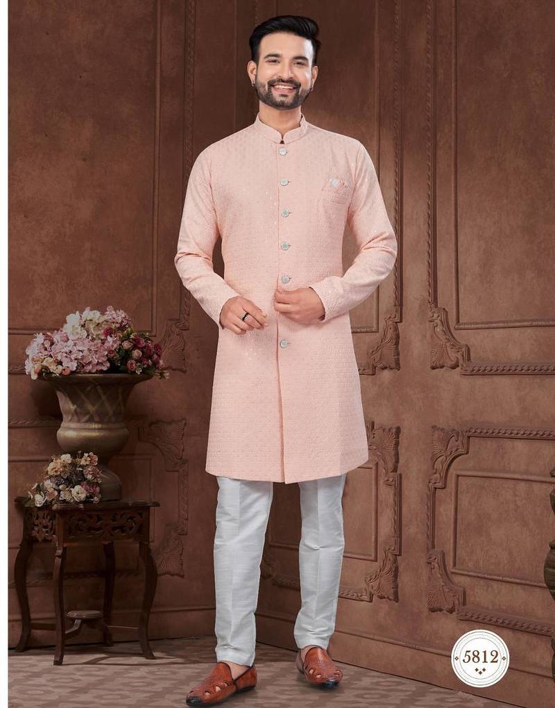 Full ckicken kari computer embroidery indowestern sherwani set with fancy botton