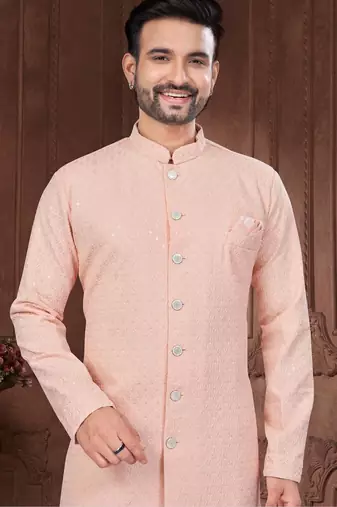 Full ckicken kari computer embroidery indowestern sherwani set with fancy botton