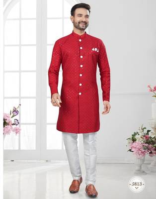 Full ckicken kari computer embroidery indowestern sherwani set with fancy botton 1
