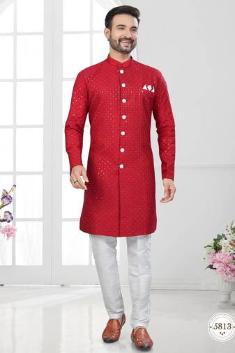 Full ckicken kari computer embroidery indowestern sherwani set with fancy botton