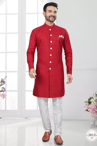 Full ckicken kari computer embroidery indowestern sherwani set with fancy botton
