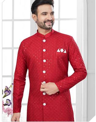 Full ckicken kari computer embroidery indowestern sherwani set with fancy botton 2