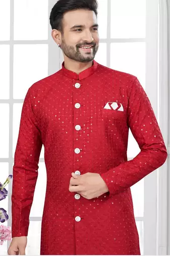 Full ckicken kari computer embroidery indowestern sherwani set with fancy botton