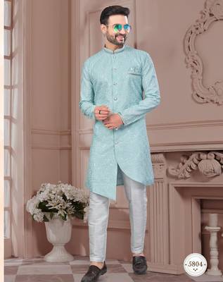 Full computer embroidered with silver thread indowestern sherwani set 1