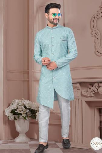 Full computer embroidered with silver thread indowestern sherwani set