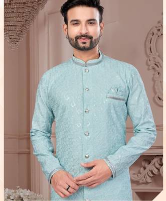 Full computer embroidered with silver thread indowestern sherwani set 2