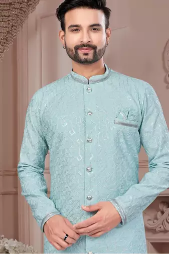 Full computer embroidered with silver thread indowestern sherwani set