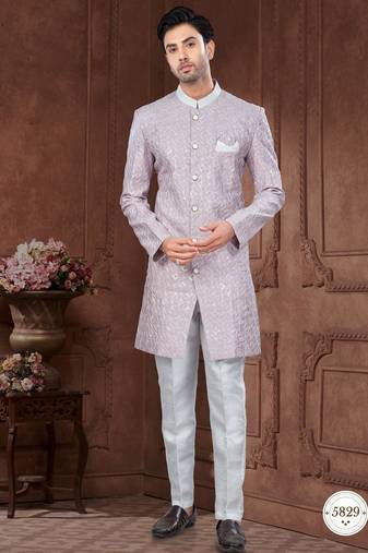 Full computer embroidery with silver thread indowestern sherwani set with thread, stone work & fancy botton