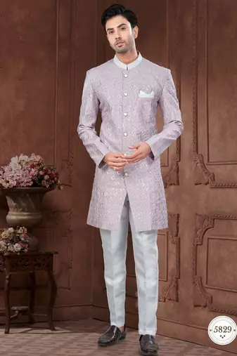 Full computer embroidery with silver thread indowestern sherwani set with thread, stone work & fancy botton