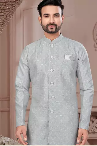 Havy jackard with seqence stone and thread zari work with fancy botton sherwani set