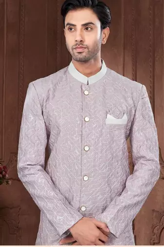 Full computer embroidery with silver thread indowestern sherwani set with thread, stone work & fancy botton