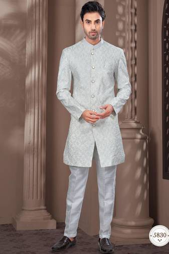 Full computer embroidery with silver thread indowestern sherwani set with thread, stone work & fancy botton