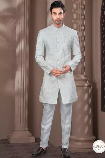 Full computer embroidery with silver thread indowestern sherwani set with thread, stone work & fancy botton