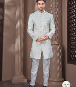 Full computer embroidery with silver thread indowestern sherwani set with thread, stone work & fancy botton