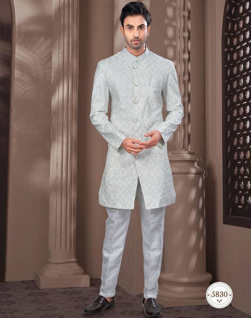 Full computer embroidery with silver thread indowestern sherwani set with thread, stone work & fancy botton