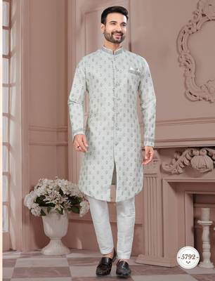 Havy jackard with seqence stone and thread zari work with fancy botton sherwani set 1