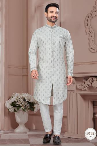 Havy jackard with seqence stone and thread zari work with fancy botton sherwani set