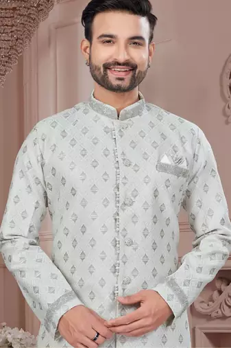 Havy jackard with seqence stone and thread zari work with fancy botton sherwani set
