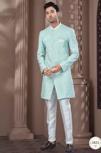 Full computer embroidered with silver thread indowestern sherwani set with thread, stone work & fancy botton