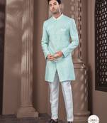 Full computer embroidered with silver thread indowestern sherwani set with thread, stone work & fancy botton