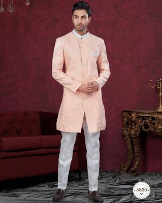 Full computer embroidery with silver thread indowestern sherwani set with thread, stone work & fancy botton 1