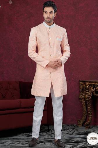 Full computer embroidery with silver thread indowestern sherwani set with thread, stone work & fancy botton
