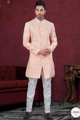 Full computer embroidery with silver thread indowestern sherwani set with thread, stone work & fancy botton
